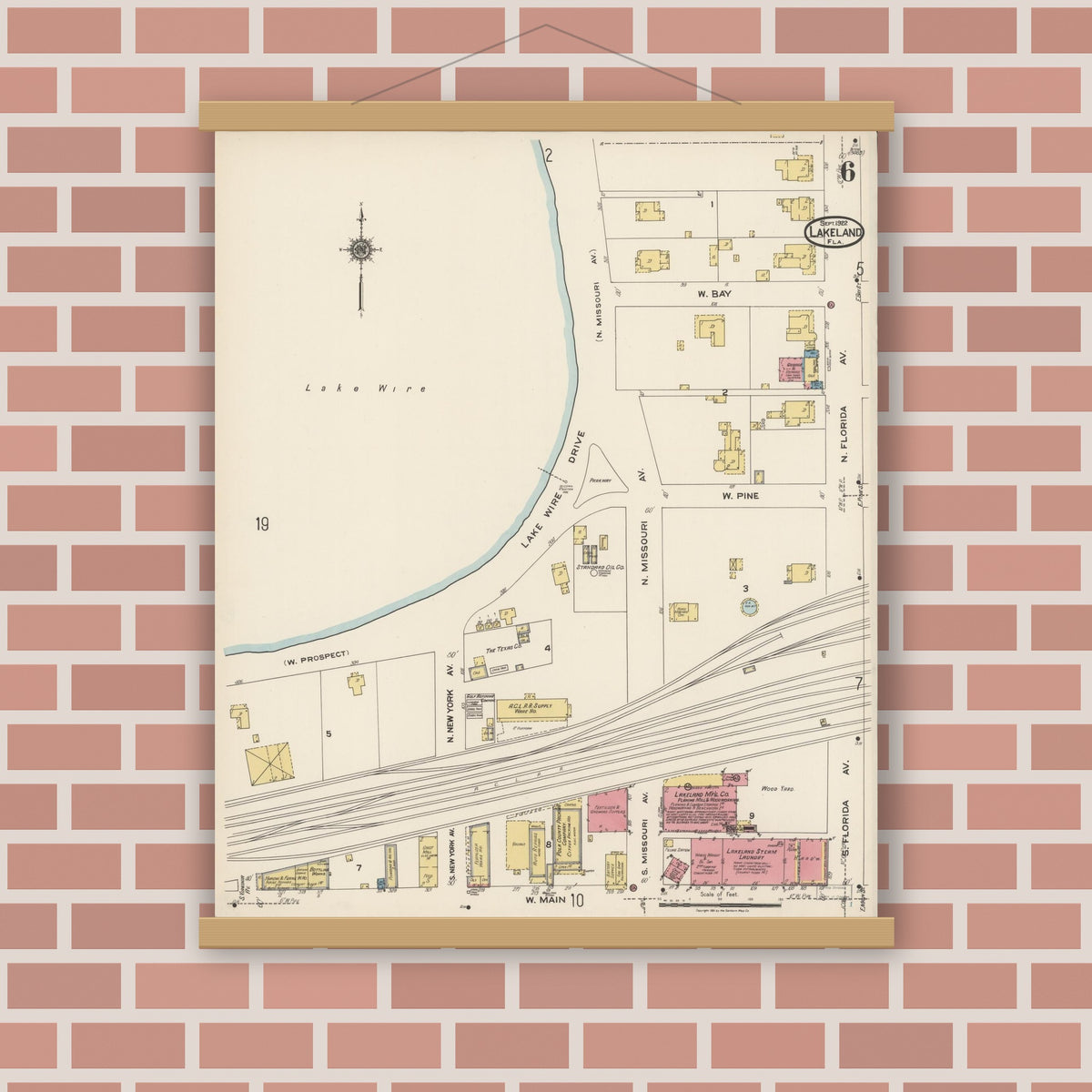 Old map wall art mockup — magnetic wood frame on brick wall — Sanborn Fire Insurance Map from Lakeland, Polk County, Florida (1922), Sheet #0006