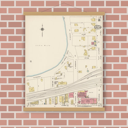 Old map wall art mockup — magnetic wood frame on brick wall — Sanborn Fire Insurance Map from Lakeland, Polk County, Florida (1922), Sheet #0006