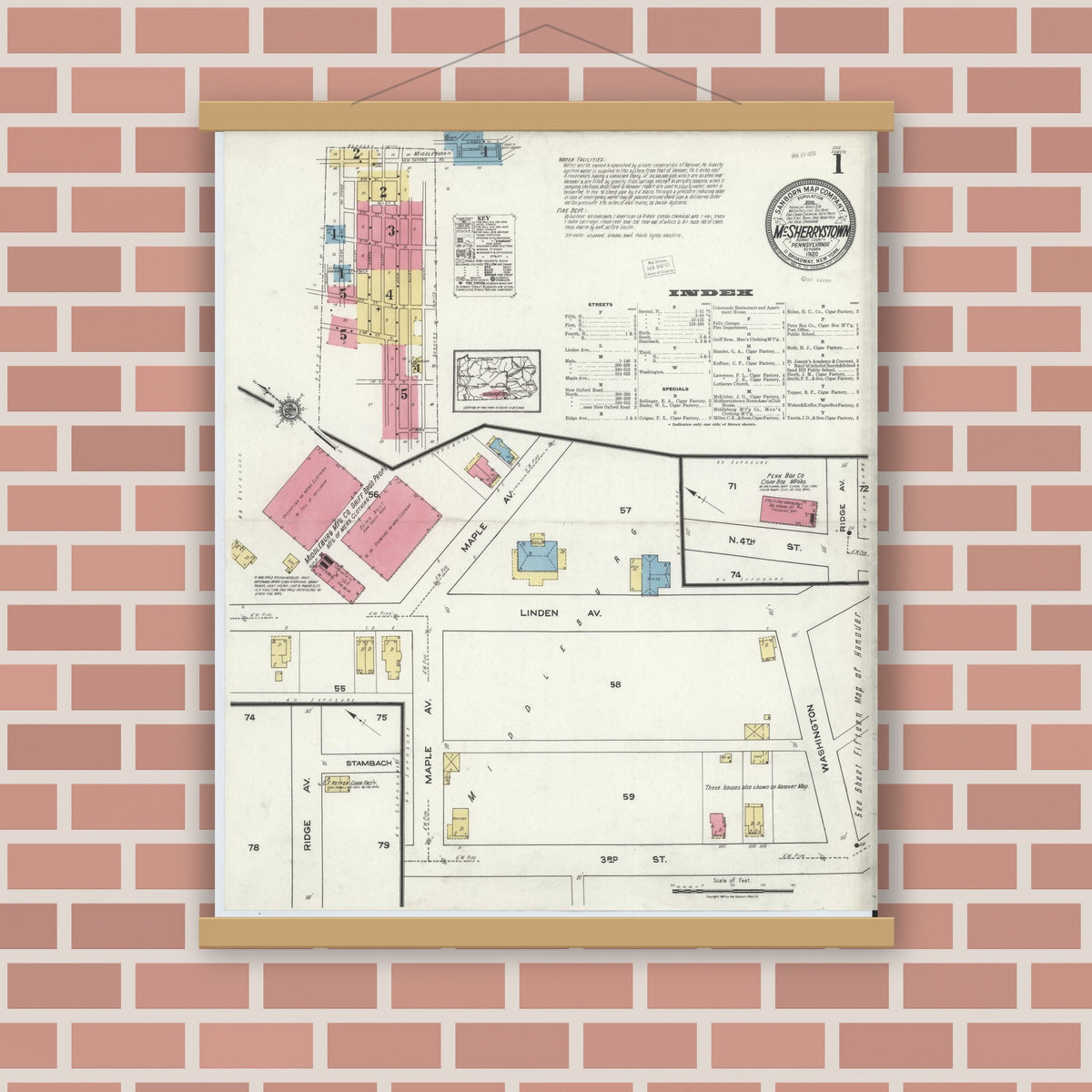 Old map wall art mockup — magnetic wood frame on brick wall — Sanborn Fire Insurance Map from McSherrystown, Adams County, Pennsylvania (1920), Sheet #0001