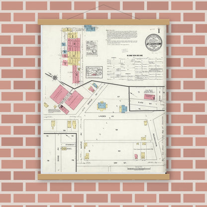 Old map wall art mockup — magnetic wood frame on brick wall — Sanborn Fire Insurance Map from McSherrystown, Adams County, Pennsylvania (1920), Sheet #0001