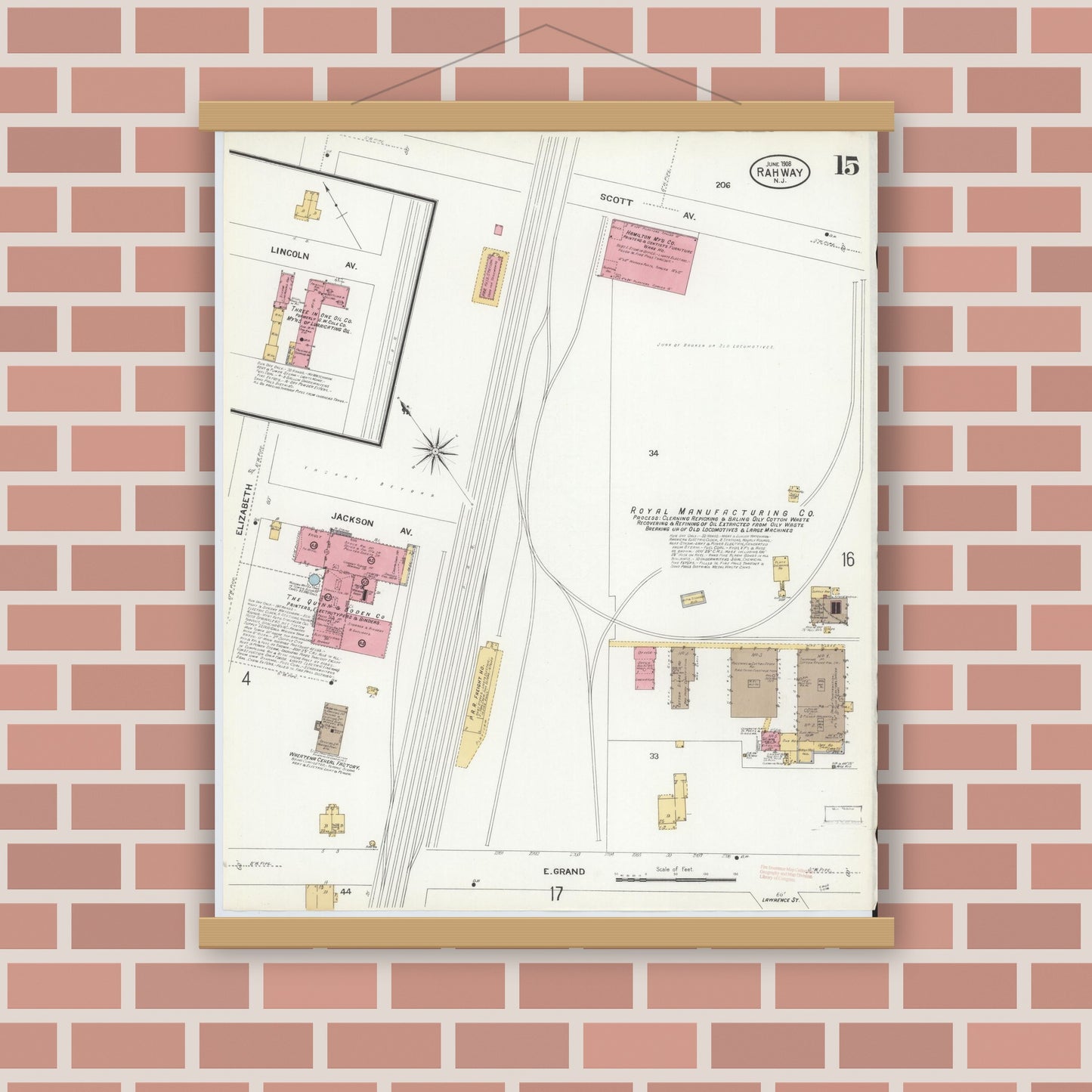 Old map wall art mockup — magnetic wood frame on brick wall — Sanborn Fire Insurance Map from Rahway, Union County, New Jersey (1908), Sheet #0015