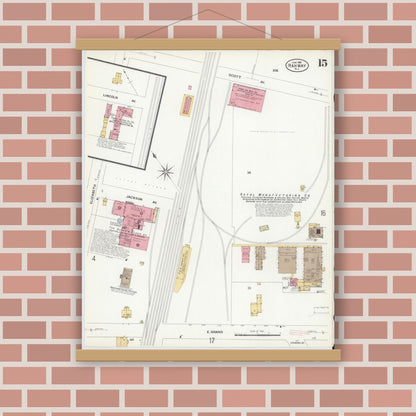 Old map wall art mockup — magnetic wood frame on brick wall — Sanborn Fire Insurance Map from Rahway, Union County, New Jersey (1908), Sheet #0015
