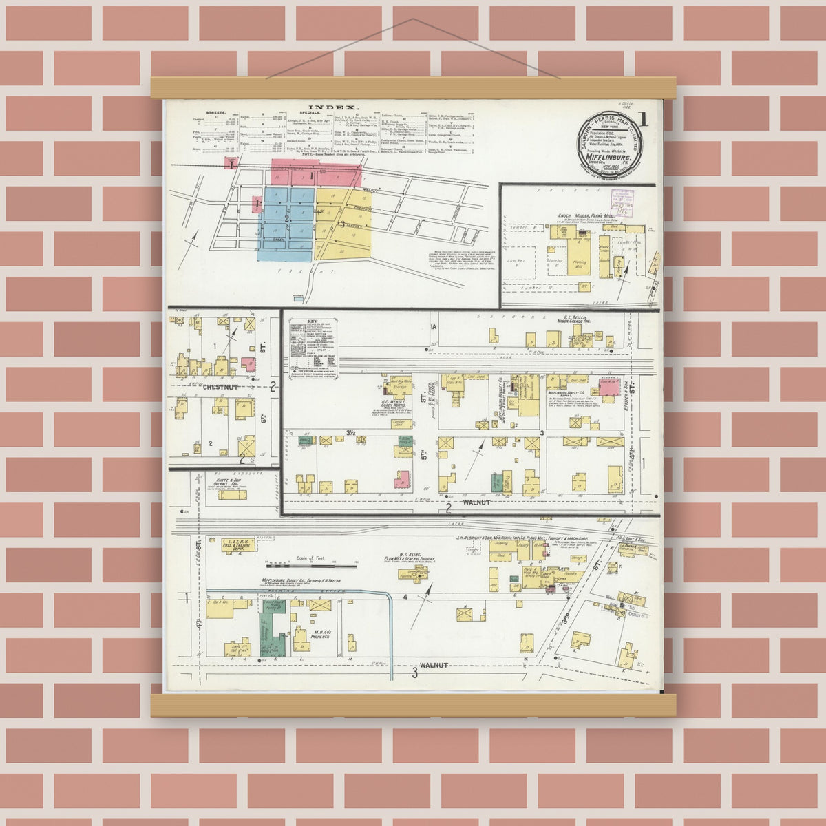 Old map wall art mockup — magnetic wood frame on brick wall — Sanborn Fire Insurance Map from Mifflinburg, Union County, Pennsylvania (1901) - Complete Map Set