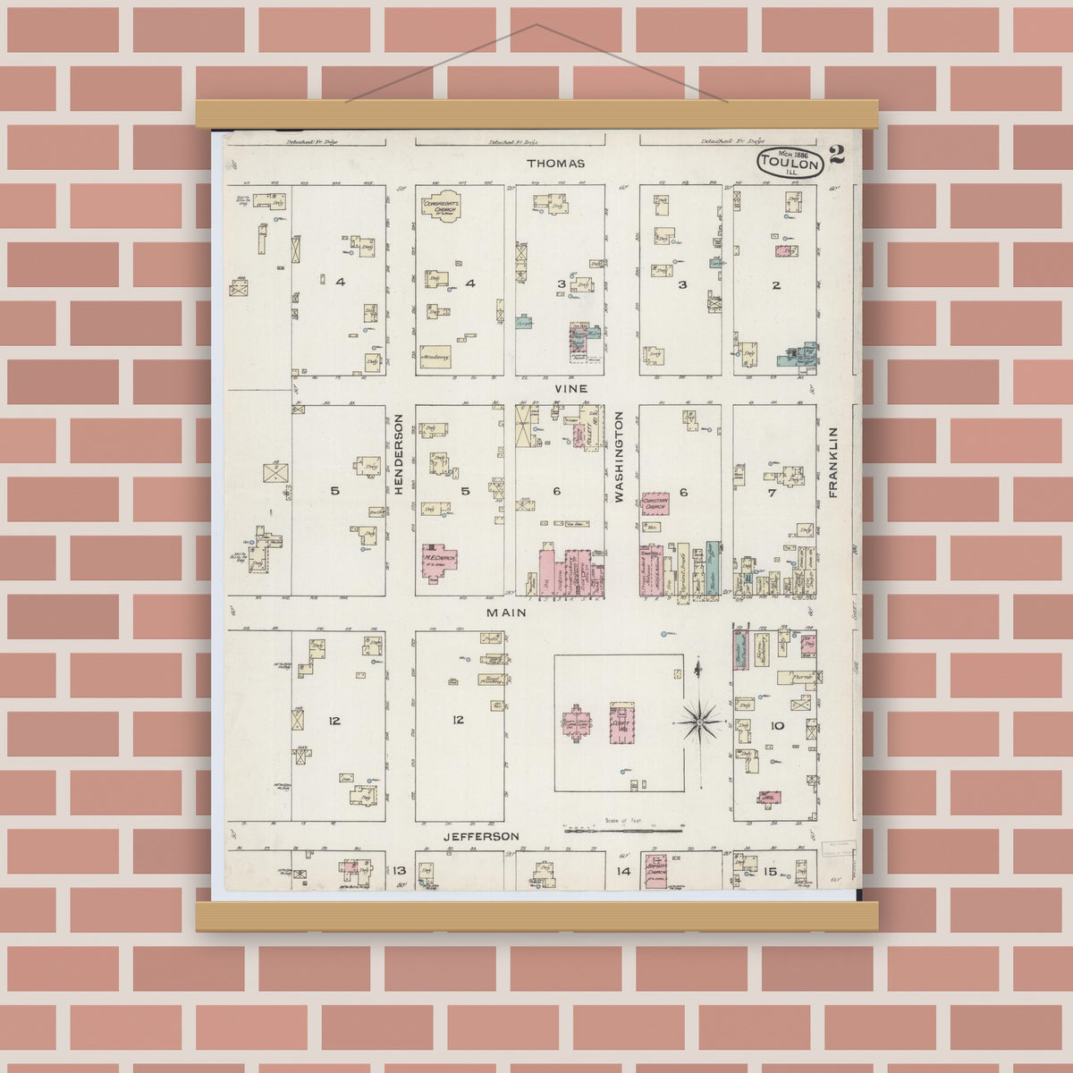 Old map wall art mockup — magnetic wood frame on brick wall — Sanborn Fire Insurance Map from Toulon, Stark County, Illinois (1886), Sheet #0002