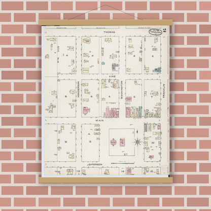 Old map wall art mockup — magnetic wood frame on brick wall — Sanborn Fire Insurance Map from Toulon, Stark County, Illinois (1886), Sheet #0002