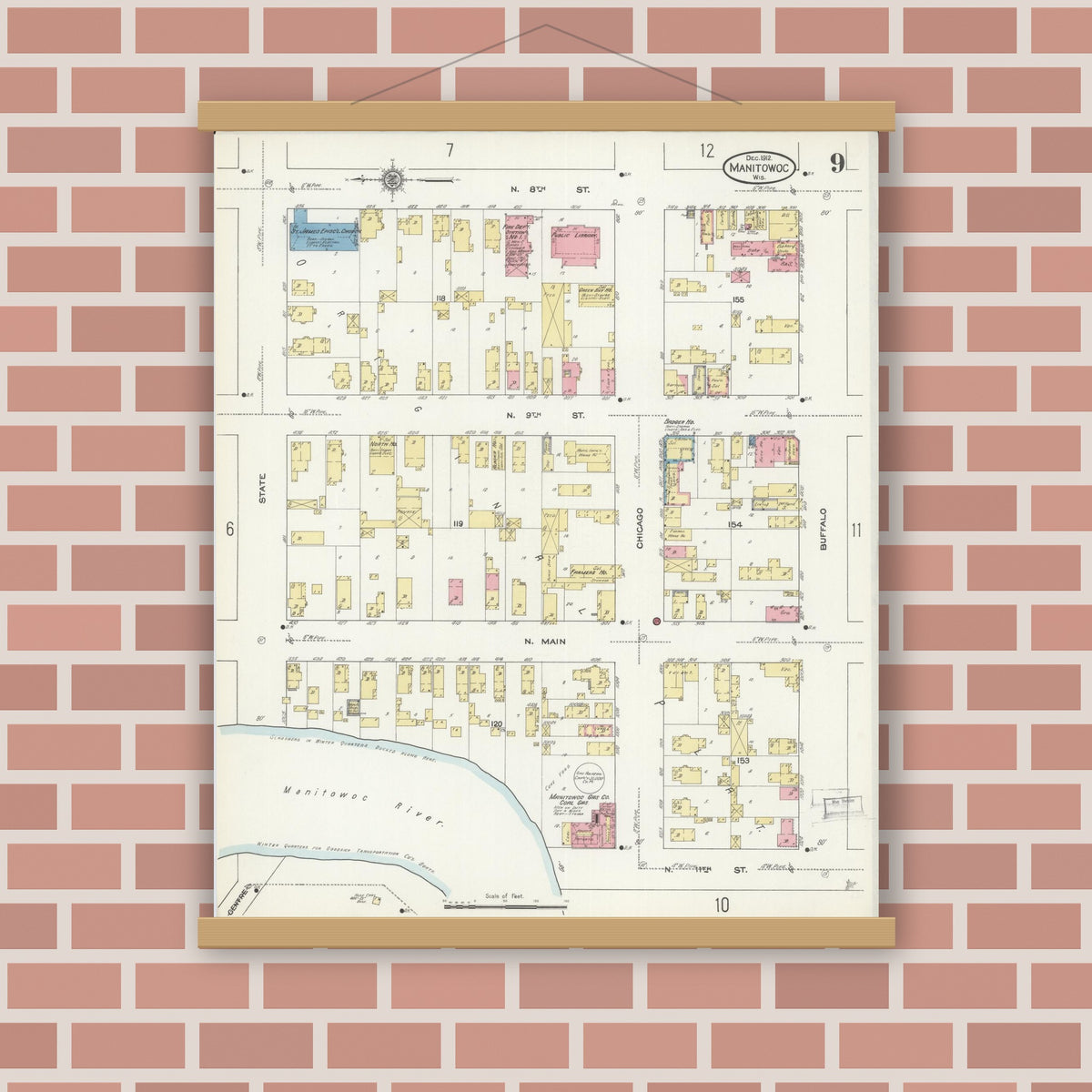 Old map wall art mockup — magnetic wood frame on brick wall — Sanborn Fire Insurance Map from Manitowoc, Manitowoc County, Wisconsin (1912), Sheet #0009
