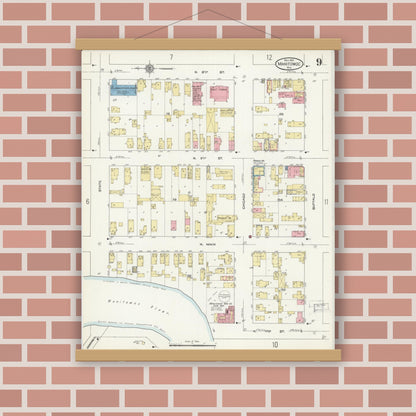 Old map wall art mockup — magnetic wood frame on brick wall — Sanborn Fire Insurance Map from Manitowoc, Manitowoc County, Wisconsin (1912), Sheet #0009