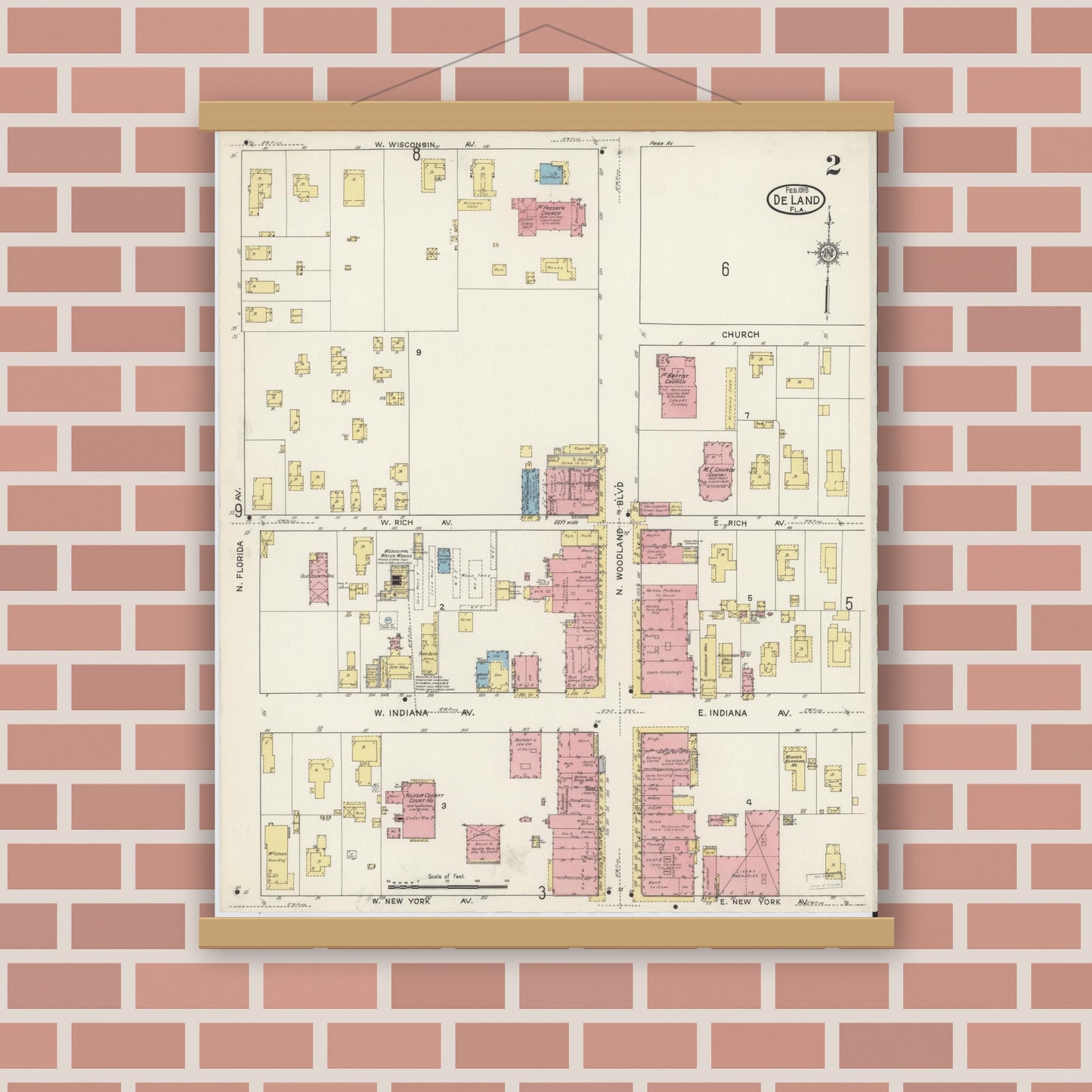 Old map wall art mockup — magnetic wood frame on brick wall — Sanborn Fire Insurance Map from De Land, Volusia County, Florida (1915), Sheet #0002