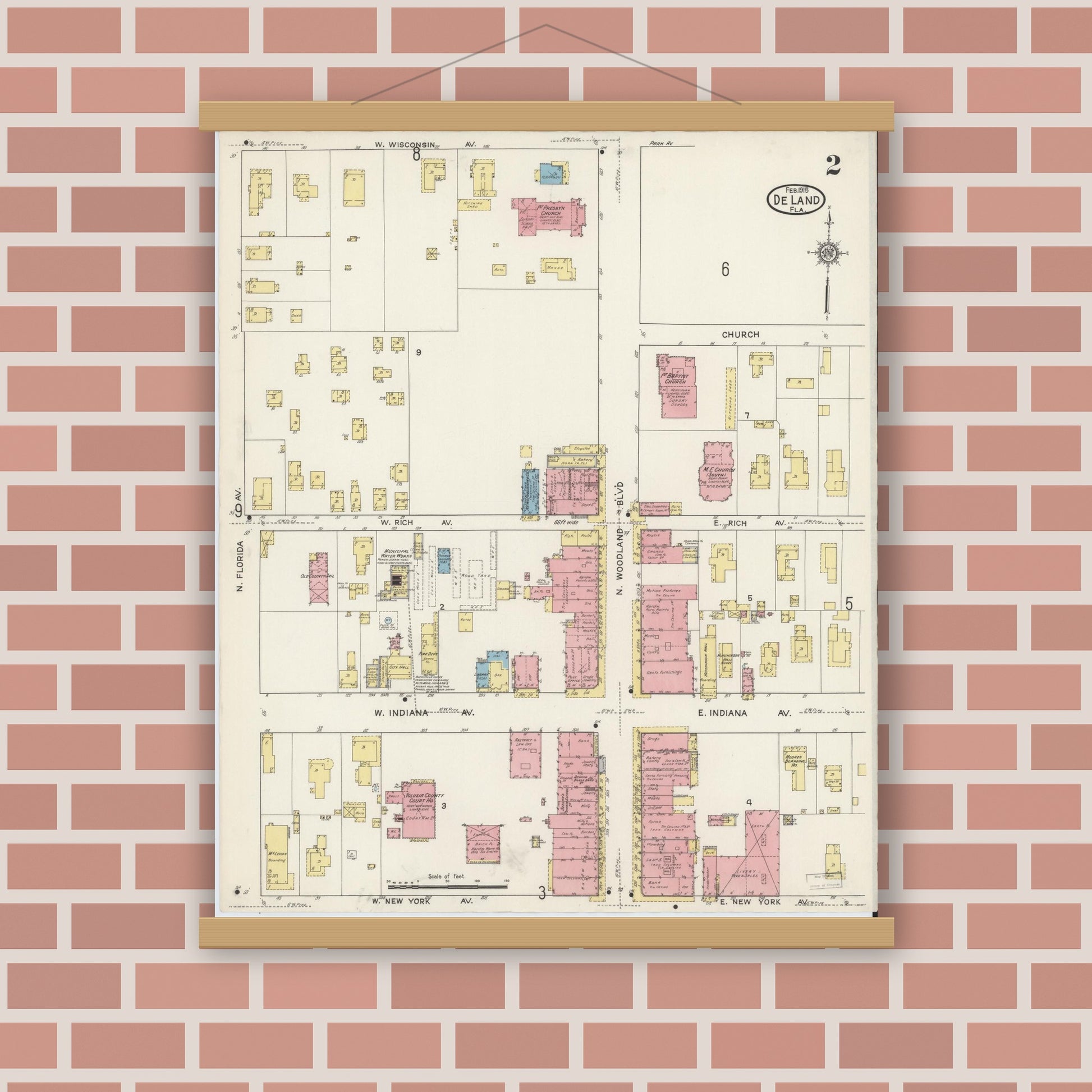 Old map wall art mockup — magnetic wood frame on brick wall — Sanborn Fire Insurance Map from De Land, Volusia County, Florida (1915), Sheet #0002
