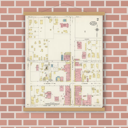 Old map wall art mockup — magnetic wood frame on brick wall — Sanborn Fire Insurance Map from De Land, Volusia County, Florida (1915), Sheet #0002