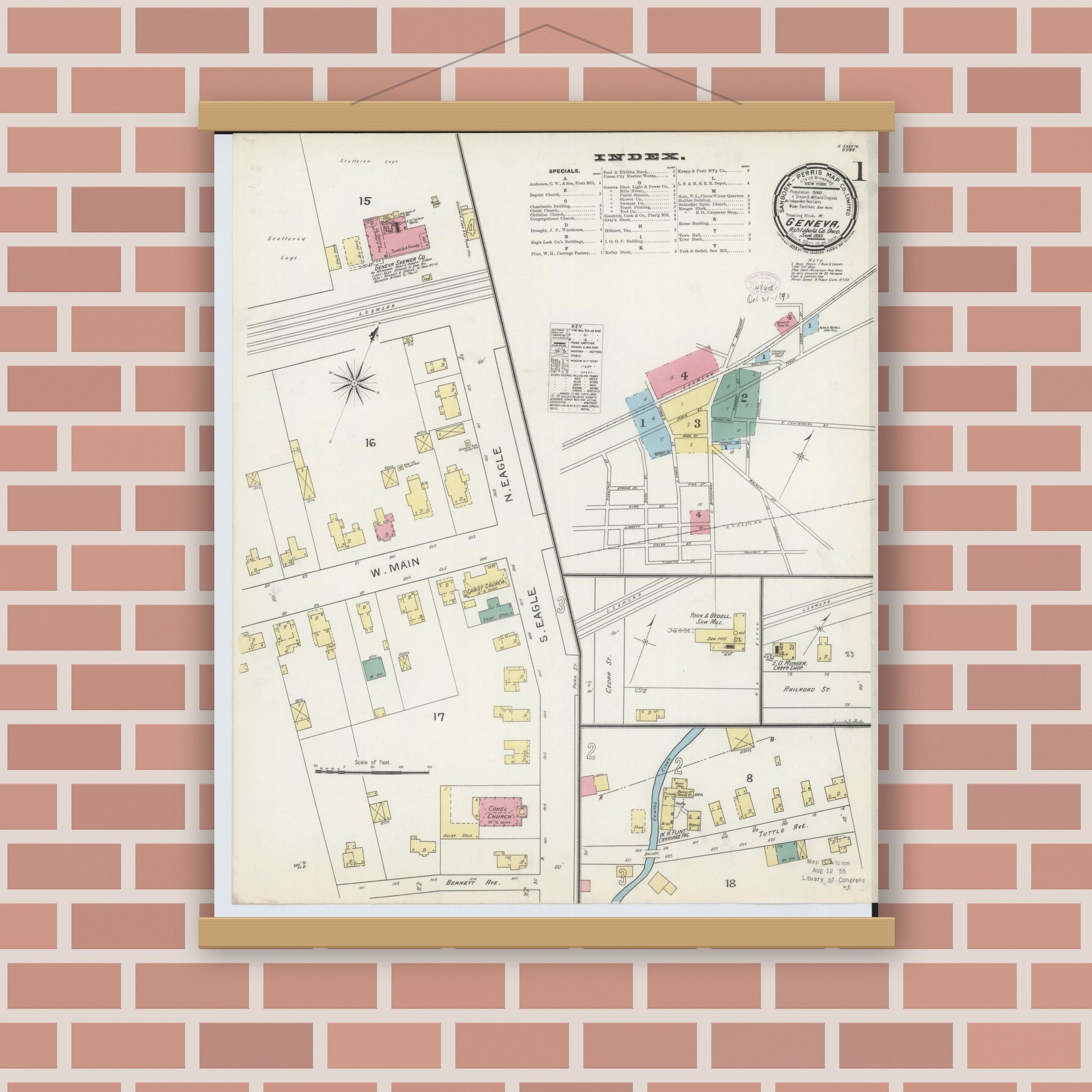 Old map wall art mockup — magnetic wood frame on brick wall — Sanborn Fire Insurance Map from Geneva, Ashtabula County, Ohio (1893) - Complete Map Set