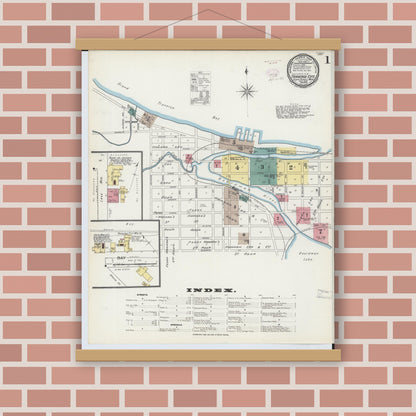 Old map wall art mockup — magnetic wood frame on brick wall — Sanborn Fire Insurance Map from Traverse City, Grand Traverse County, Michigan (1893), Sheet #0001