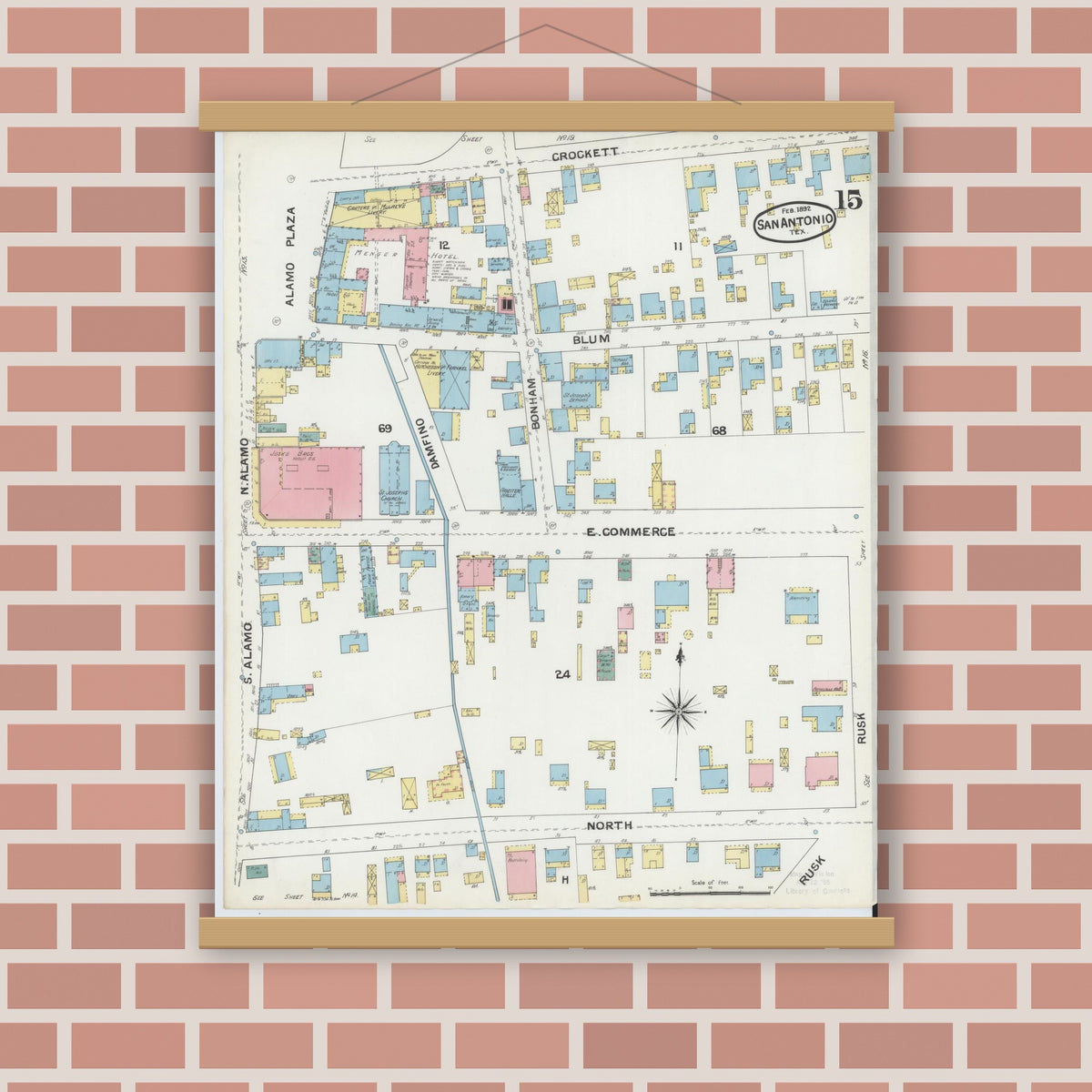 Old map wall art mockup — magnetic wood frame on brick wall — Sanborn Fire Insurance Map from San Antonio, Bexar County, Texas (1892), Sheet #0015