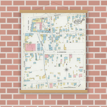 Old map wall art mockup — magnetic wood frame on brick wall — Sanborn Fire Insurance Map from San Antonio, Bexar County, Texas (1892), Sheet #0015