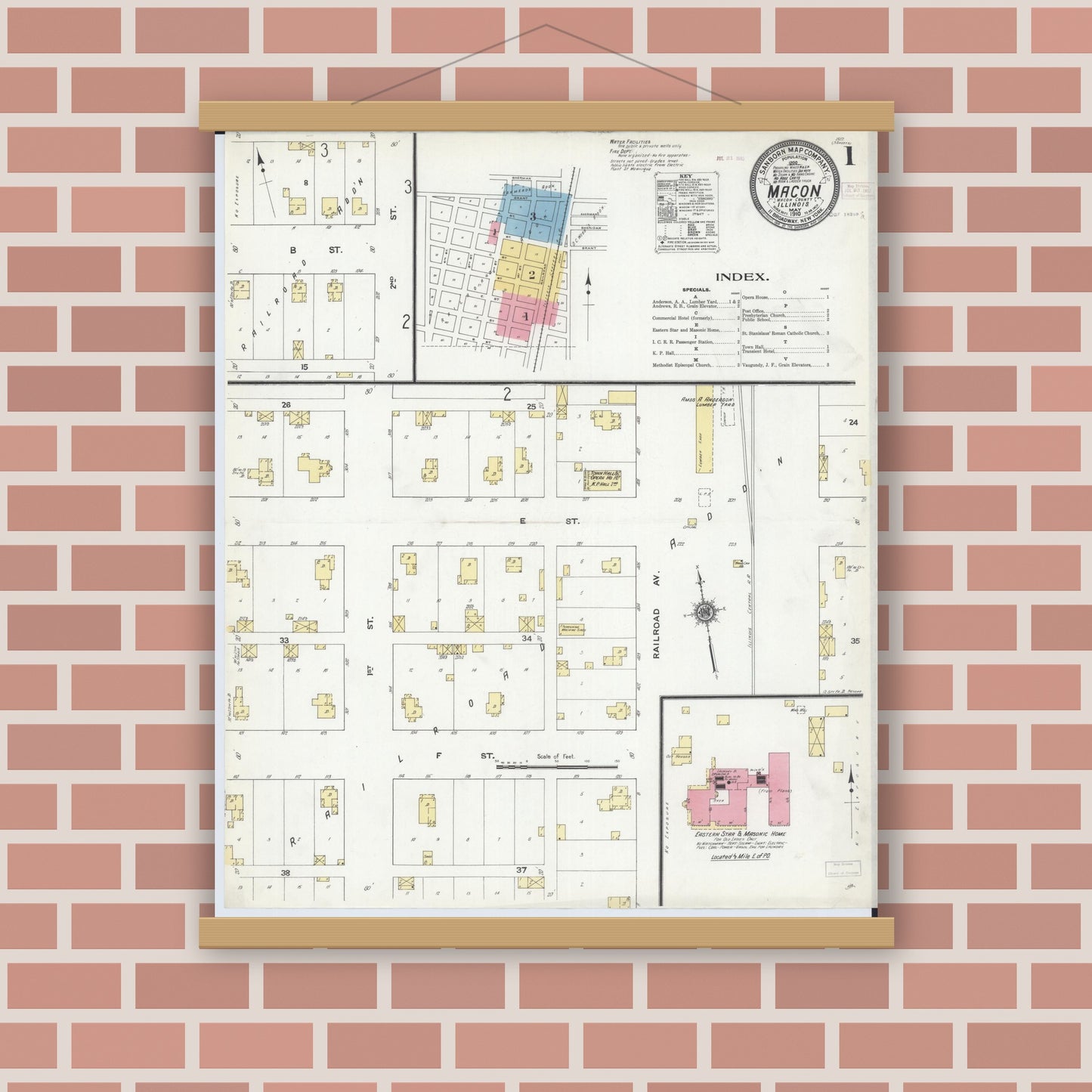 Old map wall art mockup — magnetic wood frame on brick wall — Sanborn Fire Insurance Map from Macon, Macon County, Illinois (1910), Sheet #0001