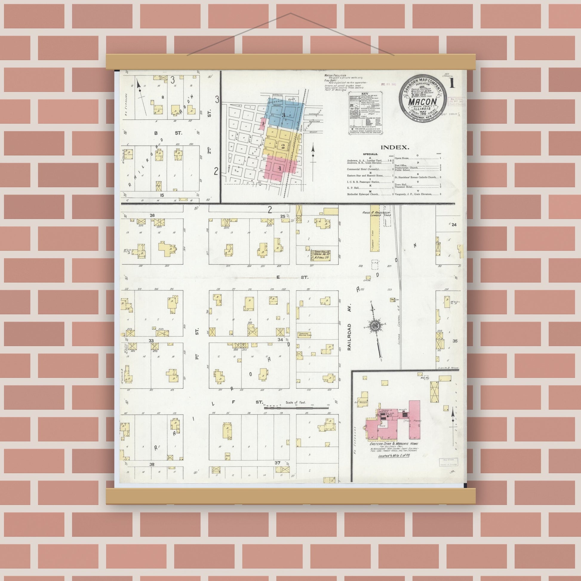 Old map wall art mockup — magnetic wood frame on brick wall — Sanborn Fire Insurance Map from Macon, Macon County, Illinois (1910), Sheet #0001