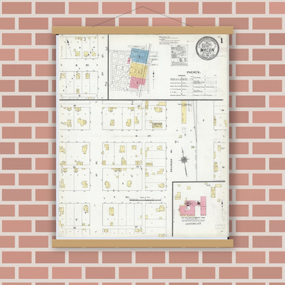 Old map wall art mockup — magnetic wood frame on brick wall — Sanborn Fire Insurance Map from Macon, Macon County, Illinois (1910), Sheet #0001