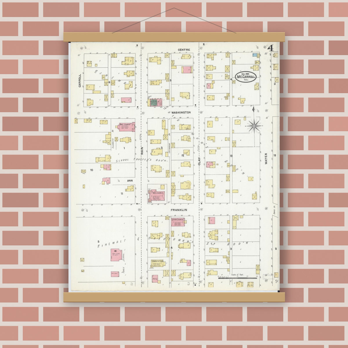Old map wall art mockup — magnetic wood frame on brick wall — Sanborn Fire Insurance Map from Mount Carroll, Carroll County, Illinois (1904), Sheet #0004