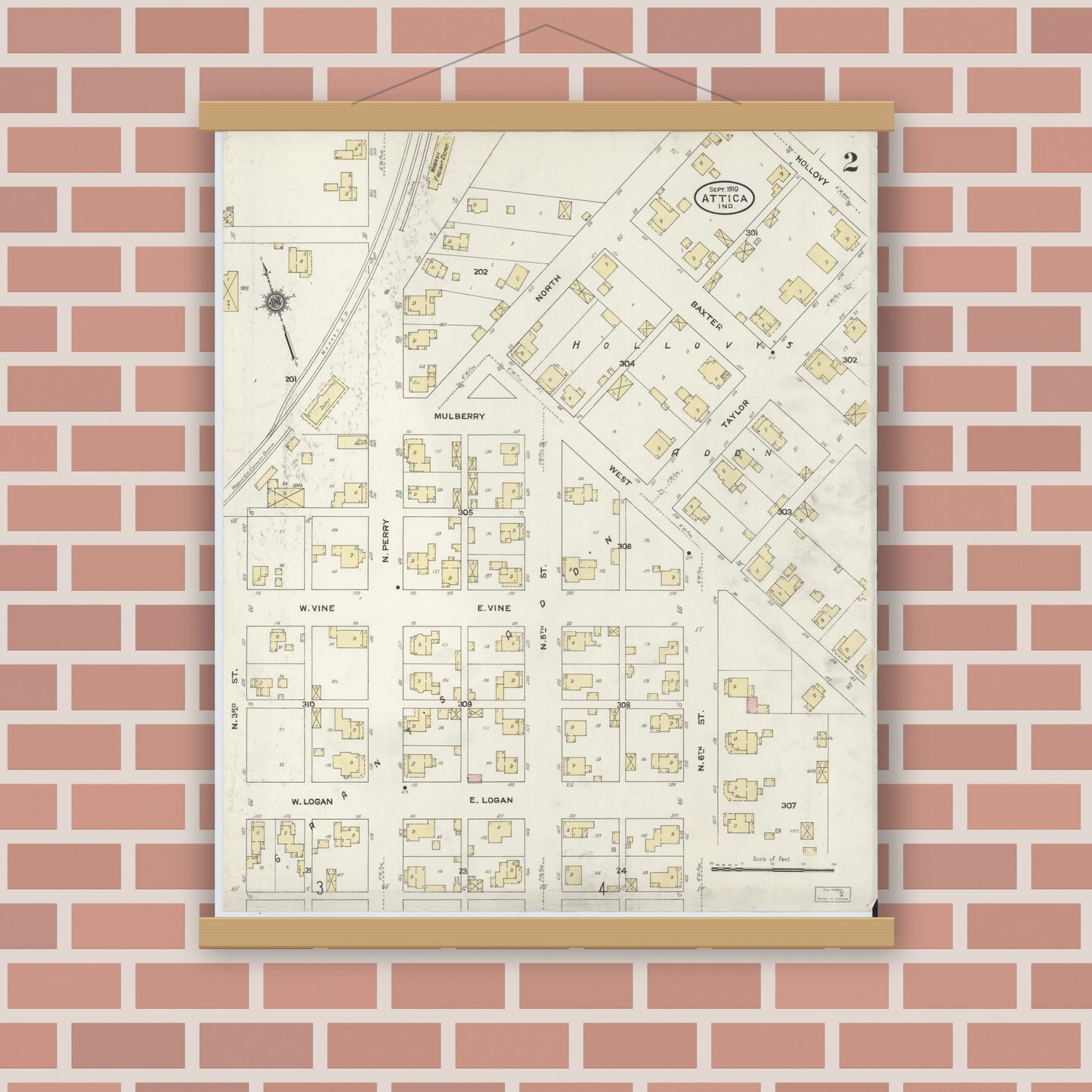 Old map wall art mockup — magnetic wood frame on brick wall — Sanborn Fire Insurance Map from Attica, Fountain County, Indiana (1910), Sheet #0002