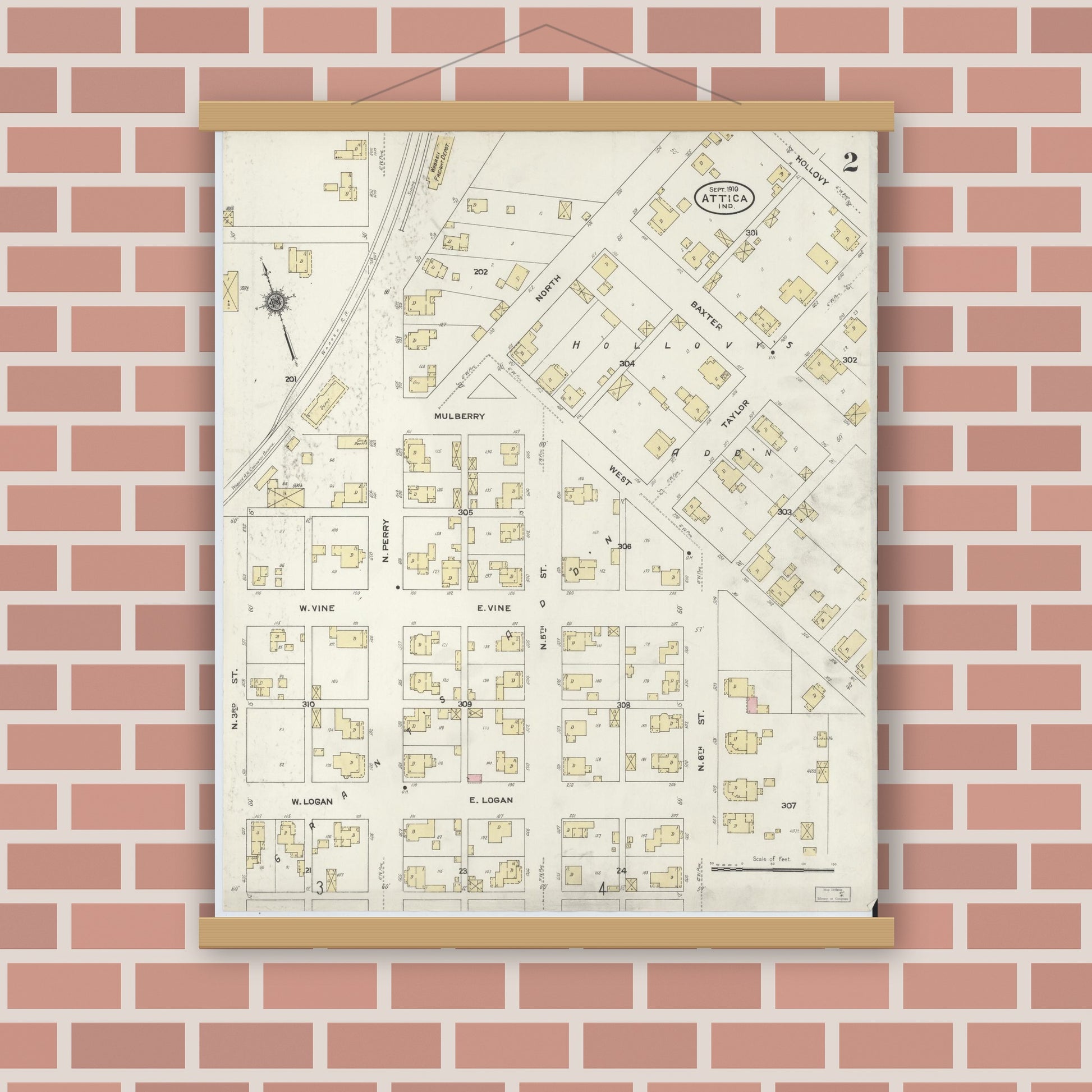 Old map wall art mockup — magnetic wood frame on brick wall — Sanborn Fire Insurance Map from Attica, Fountain County, Indiana (1910), Sheet #0002