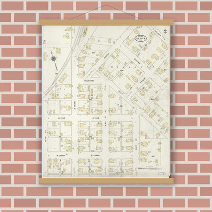 Old map wall art mockup — magnetic wood frame on brick wall — Sanborn Fire Insurance Map from Attica, Fountain County, Indiana (1910), Sheet #0002