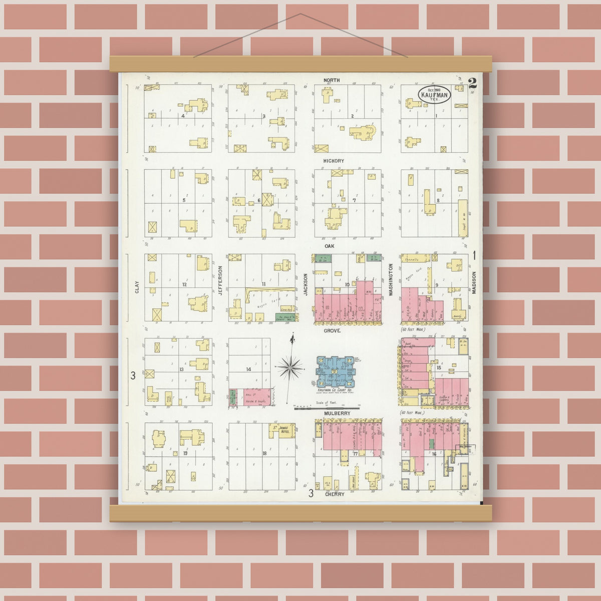 Old map wall art mockup — magnetic wood frame on brick wall — Sanborn Fire Insurance Map from Kaufman, Kaufman County, Texas (1900), Sheet #0002