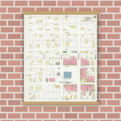 Old map wall art mockup — magnetic wood frame on brick wall — Sanborn Fire Insurance Map from Kaufman, Kaufman County, Texas (1900), Sheet #0002