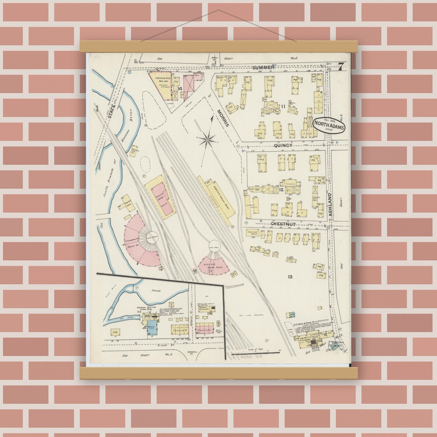 Old map wall art mockup — magnetic wood frame on brick wall — Sanborn Fire Insurance Map from North Adams, Berkshire County, Massachusetts (1888), Sheet #0007