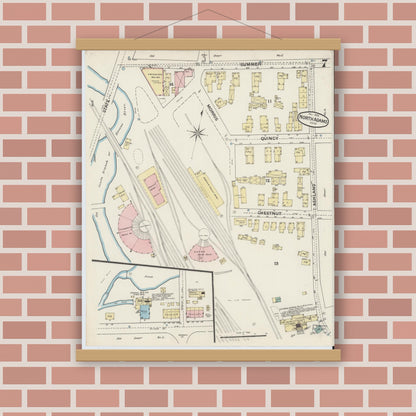 Old map wall art mockup — magnetic wood frame on brick wall — Sanborn Fire Insurance Map from North Adams, Berkshire County, Massachusetts (1888), Sheet #0007