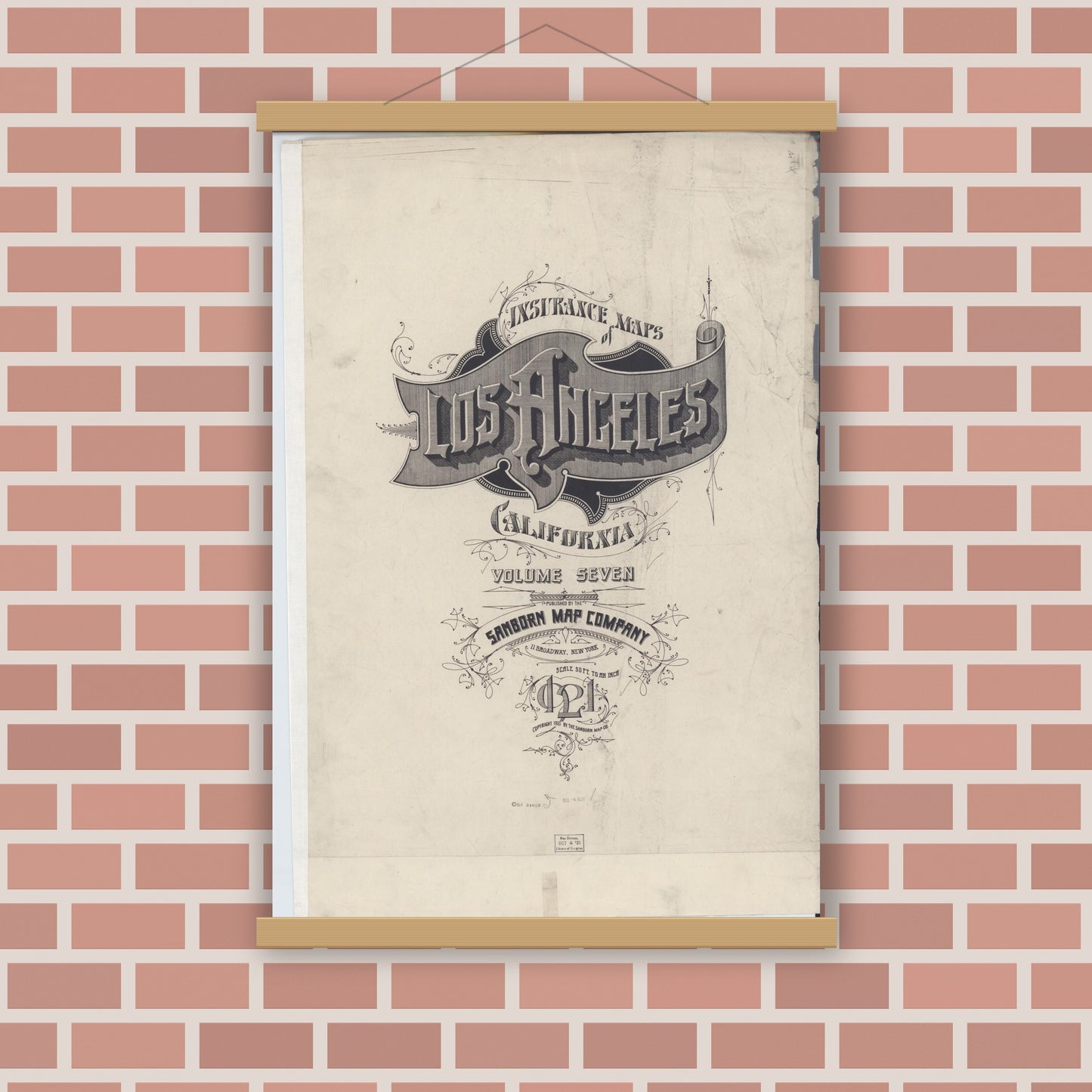 Old map wall art mockup — magnetic wood frame on brick wall — Sanborn Fire Insurance Map from Los Angeles, Los Angeles County, California (1921), Sheet #0001