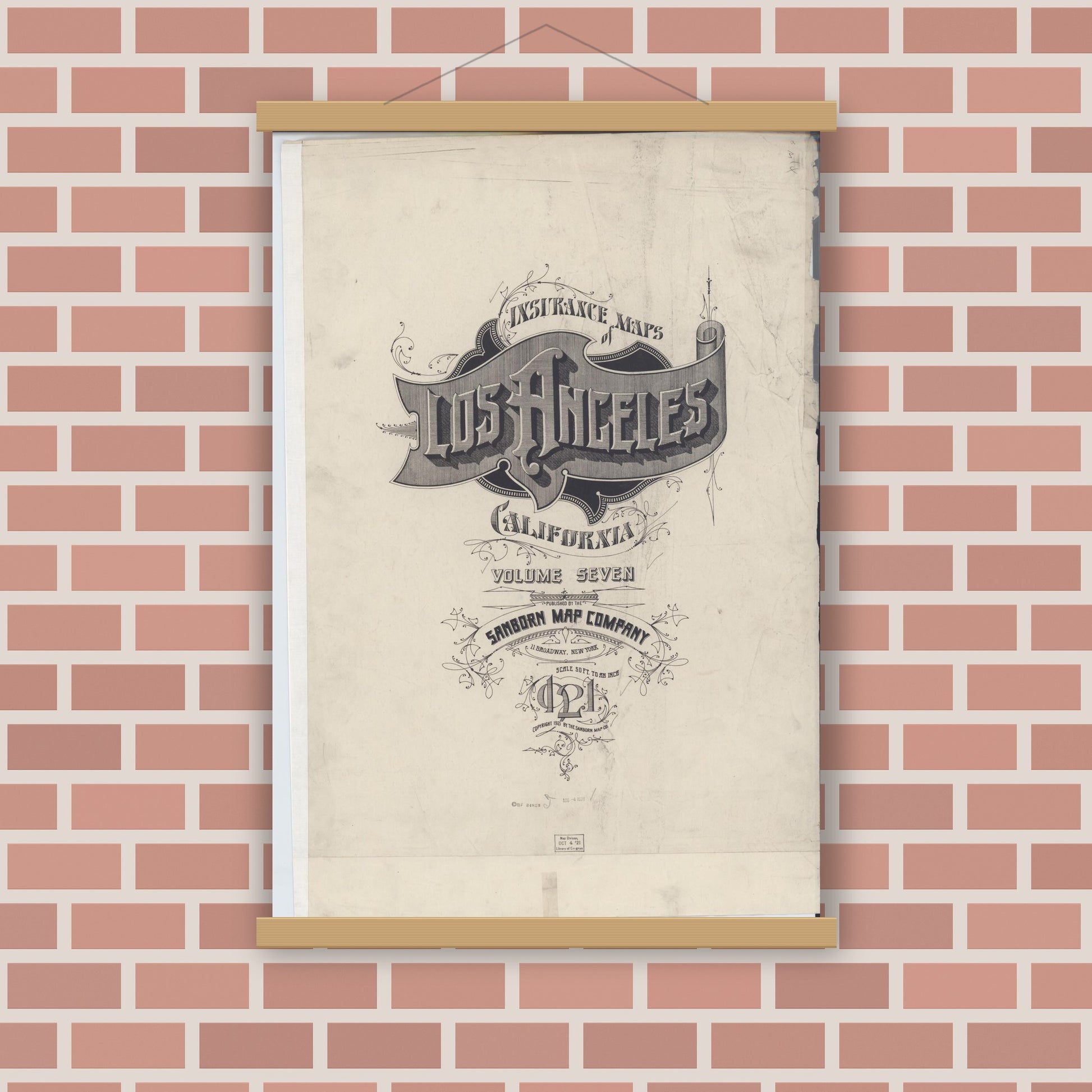 Old map wall art mockup — magnetic wood frame on brick wall — Sanborn Fire Insurance Map from Los Angeles, Los Angeles County, California (1921), Sheet #0001