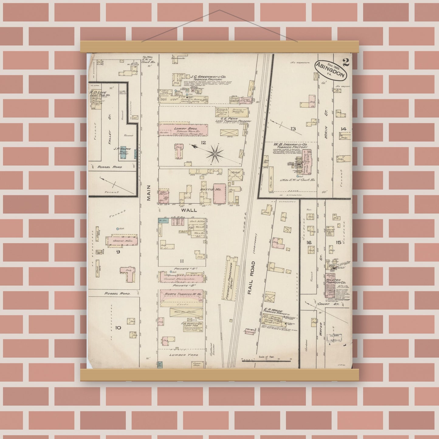 Old map wall art mockup — magnetic wood frame on brick wall — Sanborn Fire Insurance Map from Abingdon, Washington County, Virginia (Unknown), Sheet #0002