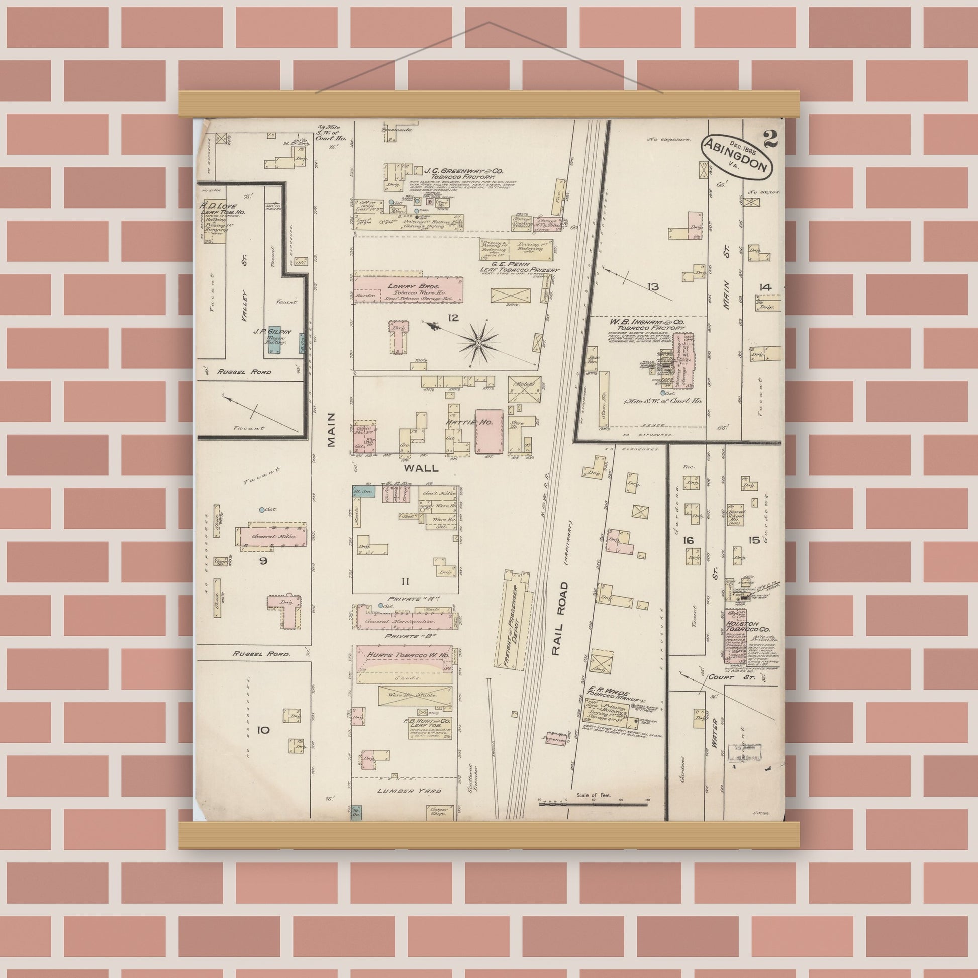 Old map wall art mockup — magnetic wood frame on brick wall — Sanborn Fire Insurance Map from Abingdon, Washington County, Virginia (Unknown), Sheet #0002