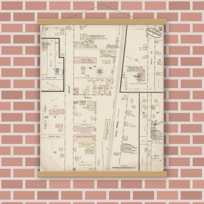 Old map wall art mockup — magnetic wood frame on brick wall — Sanborn Fire Insurance Map from Abingdon, Washington County, Virginia (Unknown), Sheet #0002