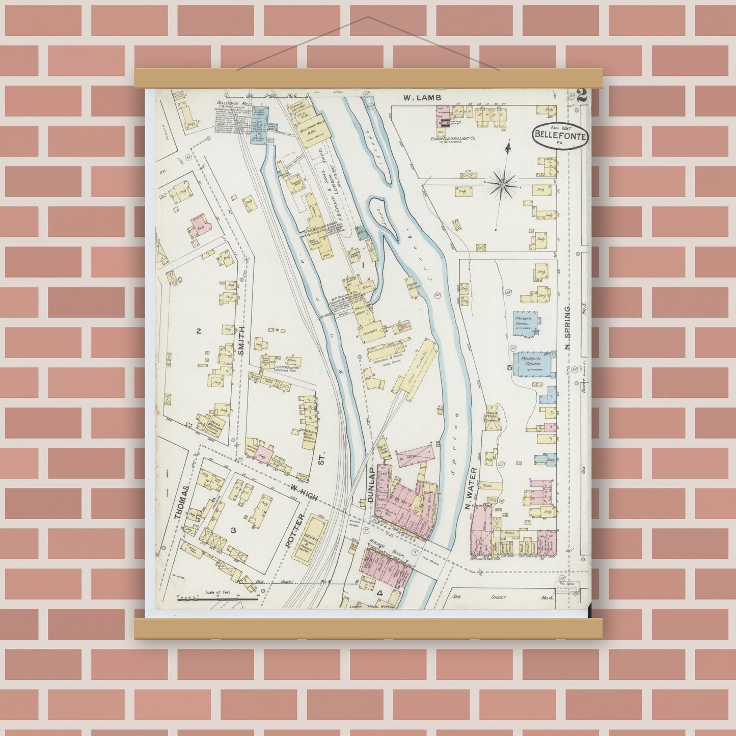 Old map wall art mockup — magnetic wood frame on brick wall — Sanborn Fire Insurance Map from Bellefonte, Centre County, Pennsylvania (1887), Sheet #0002
