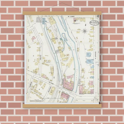 Old map wall art mockup — magnetic wood frame on brick wall — Sanborn Fire Insurance Map from Bellefonte, Centre County, Pennsylvania (1887), Sheet #0002