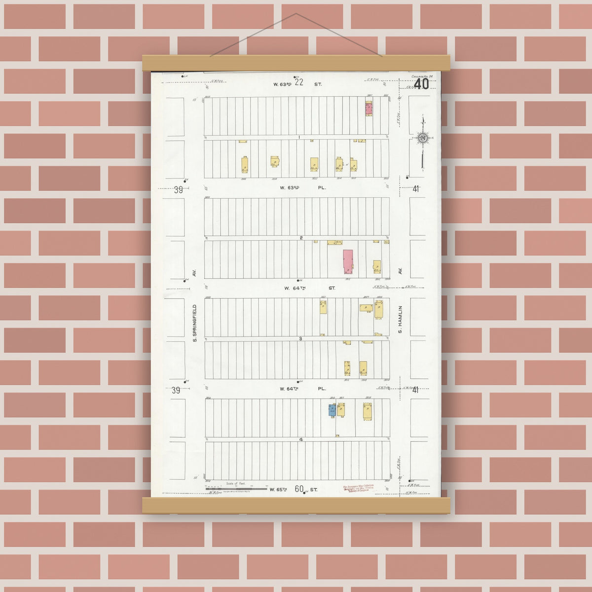 Old map wall art mockup — magnetic wood frame on brick wall — Sanborn Fire Insurance Map from Chicago, Cook County, Illinois (1920), Sheet #0040