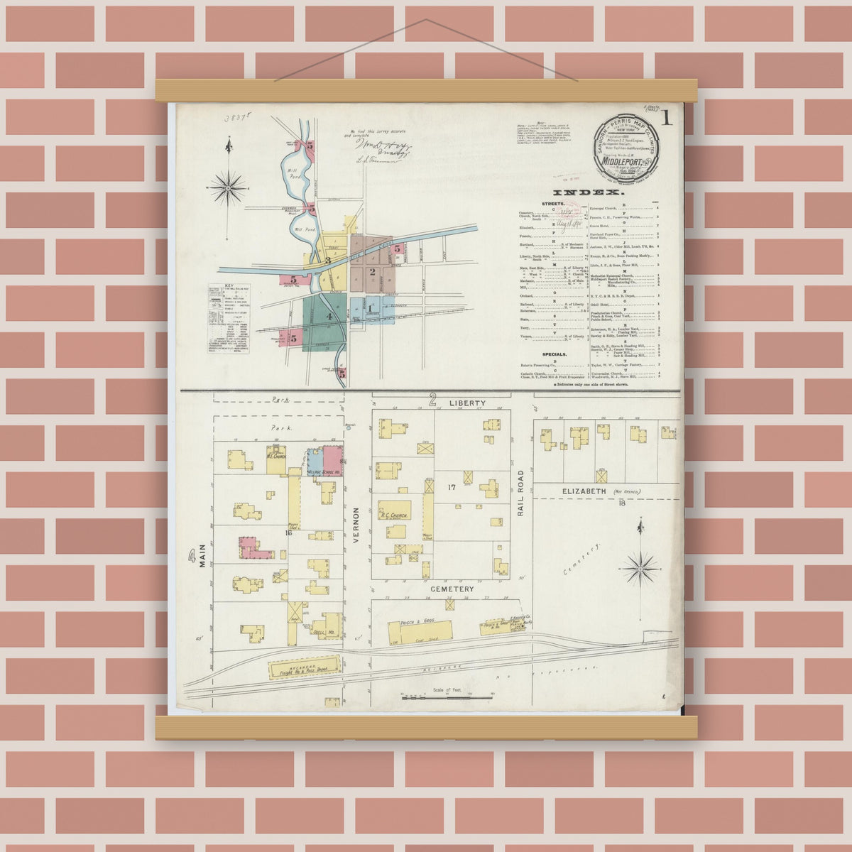 Old map wall art mockup — magnetic wood frame on brick wall — Sanborn Fire Insurance Map from Middleport, Niagara County, New York (1894) - Complete Map Set