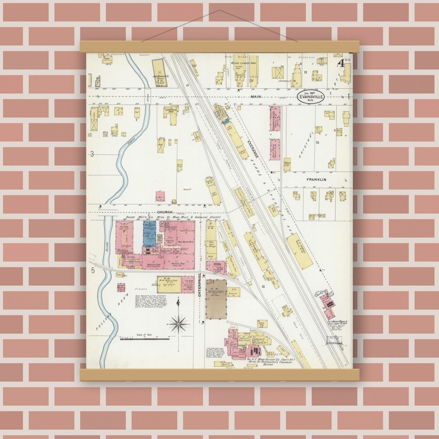 Old map wall art mockup — magnetic wood frame on brick wall — Sanborn Fire Insurance Map from Evansville, Rock County, Wisconsin (1907), Sheet #0004