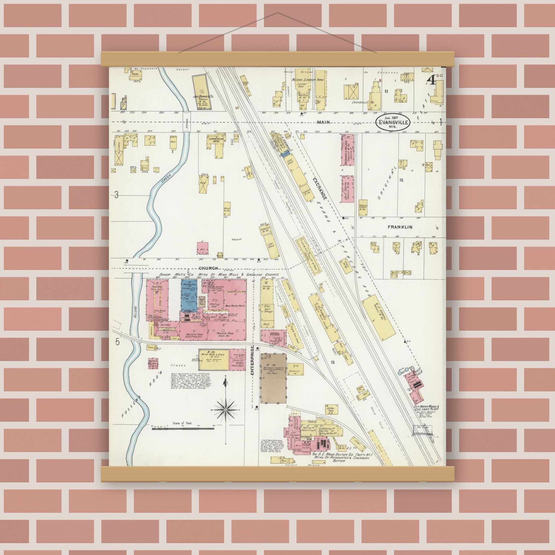 Old map wall art mockup — magnetic wood frame on brick wall — Sanborn Fire Insurance Map from Evansville, Rock County, Wisconsin (1907), Sheet #0004