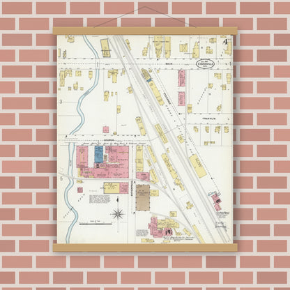 Old map wall art mockup — magnetic wood frame on brick wall — Sanborn Fire Insurance Map from Evansville, Rock County, Wisconsin (1907), Sheet #0004