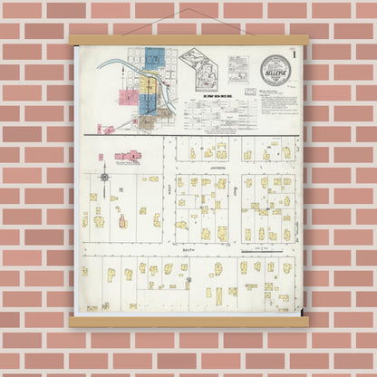 Old map wall art mockup — magnetic wood frame on brick wall — Sanborn Fire Insurance Map from Bellevue, Eaton County, Michigan (1916) - Complete Map Set