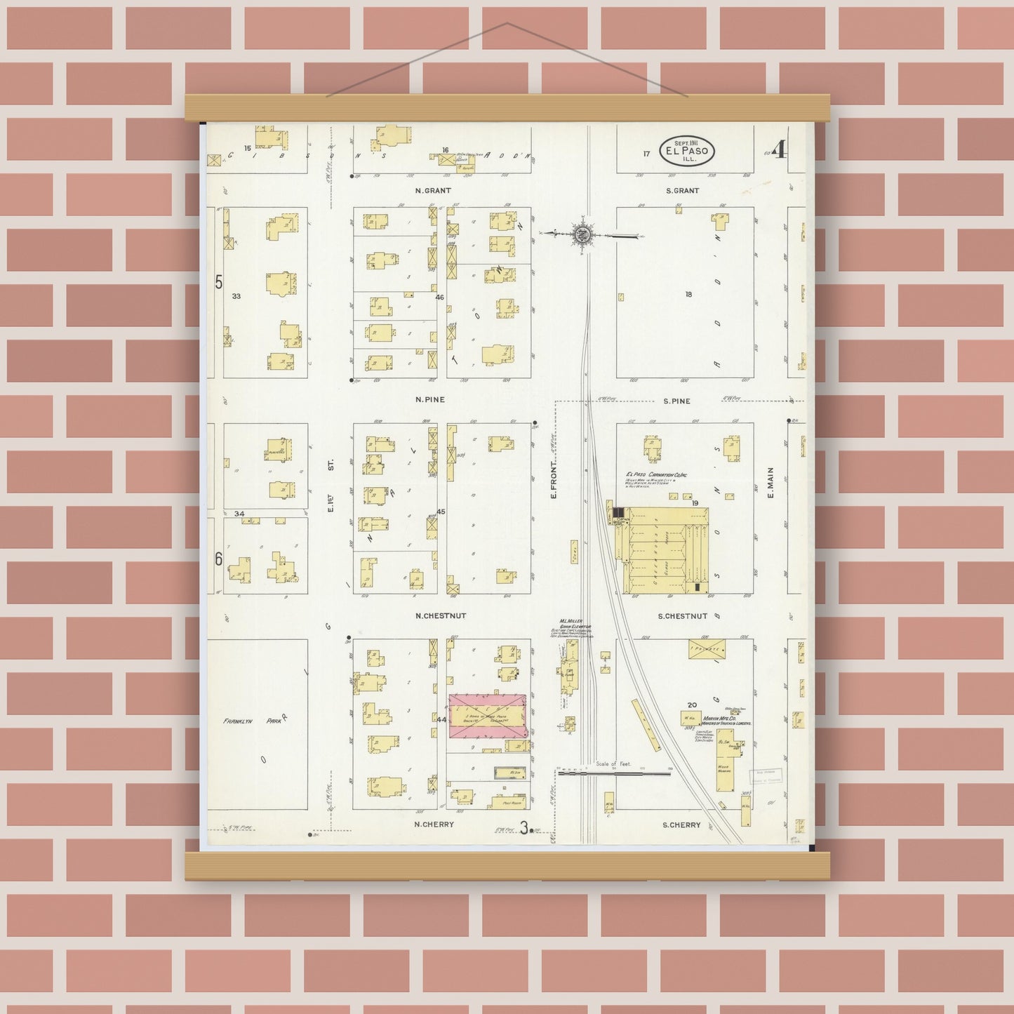 Old map wall art mockup — magnetic wood frame on brick wall — Sanborn Fire Insurance Map from El Paso, Woodford County, Illinois (1911), Sheet #0004