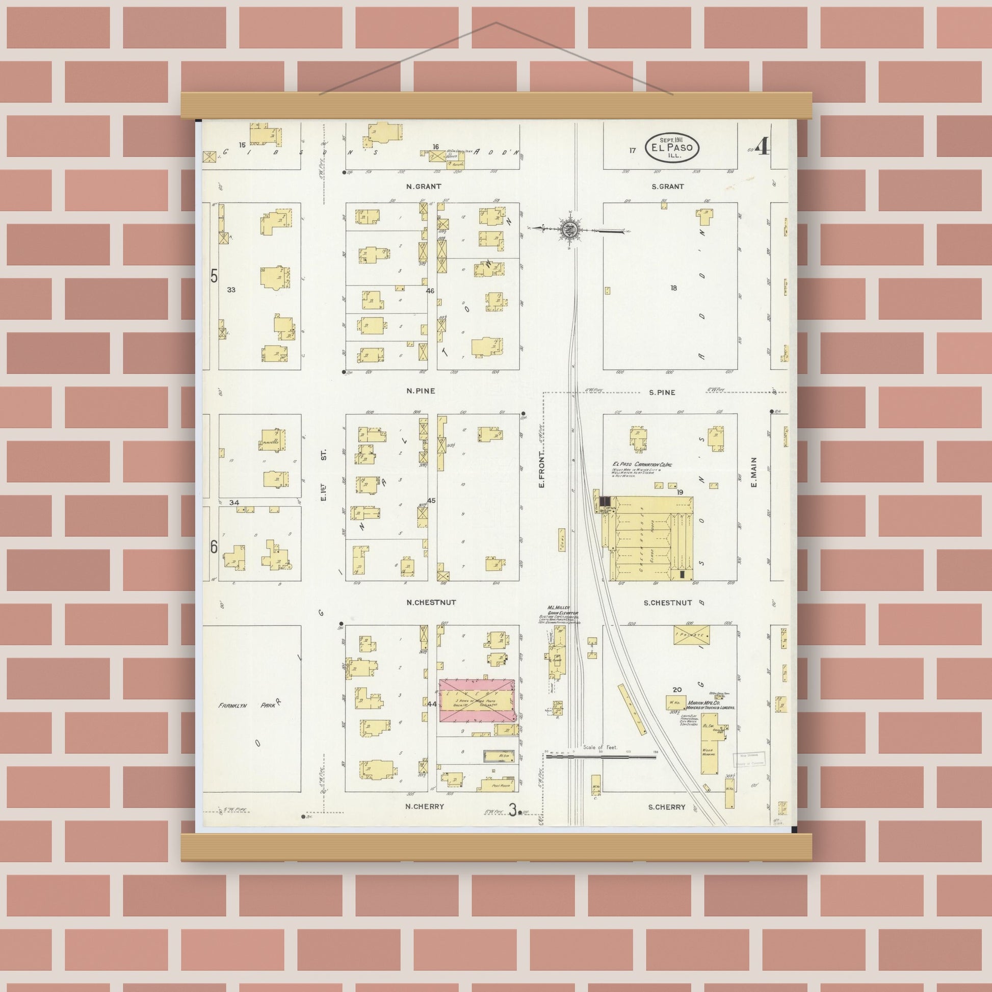 Old map wall art mockup — magnetic wood frame on brick wall — Sanborn Fire Insurance Map from El Paso, Woodford County, Illinois (1911), Sheet #0004