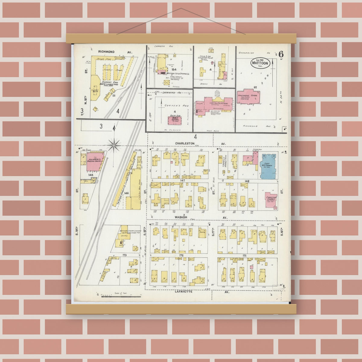 Old map wall art mockup — magnetic wood frame on brick wall — Sanborn Fire Insurance Map from Mattoon, Coles County, Illinois (1902), Sheet #0006