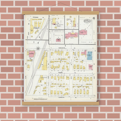 Old map wall art mockup — magnetic wood frame on brick wall — Sanborn Fire Insurance Map from Mattoon, Coles County, Illinois (1902), Sheet #0006