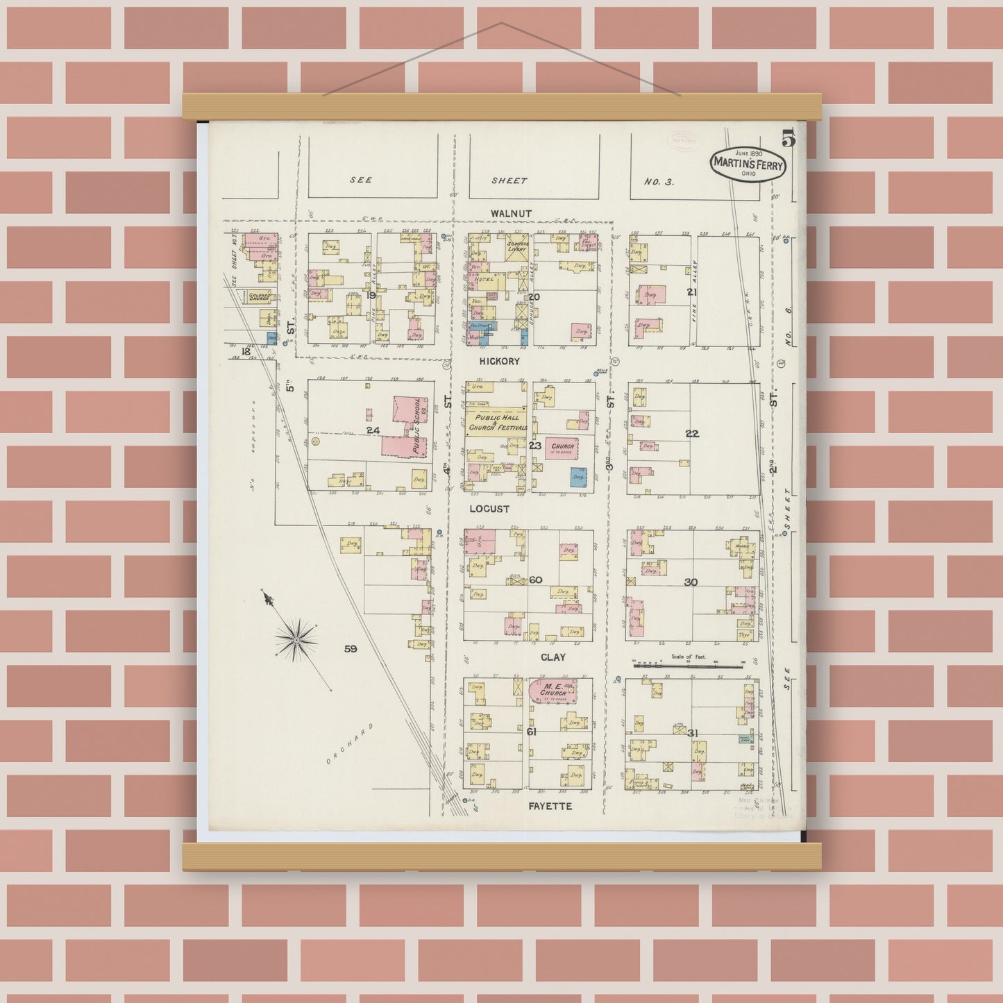Old map wall art mockup — magnetic wood frame on brick wall — Sanborn Fire Insurance Map from Martins Ferry, Belmont County, Ohio (1890), Sheet #0005