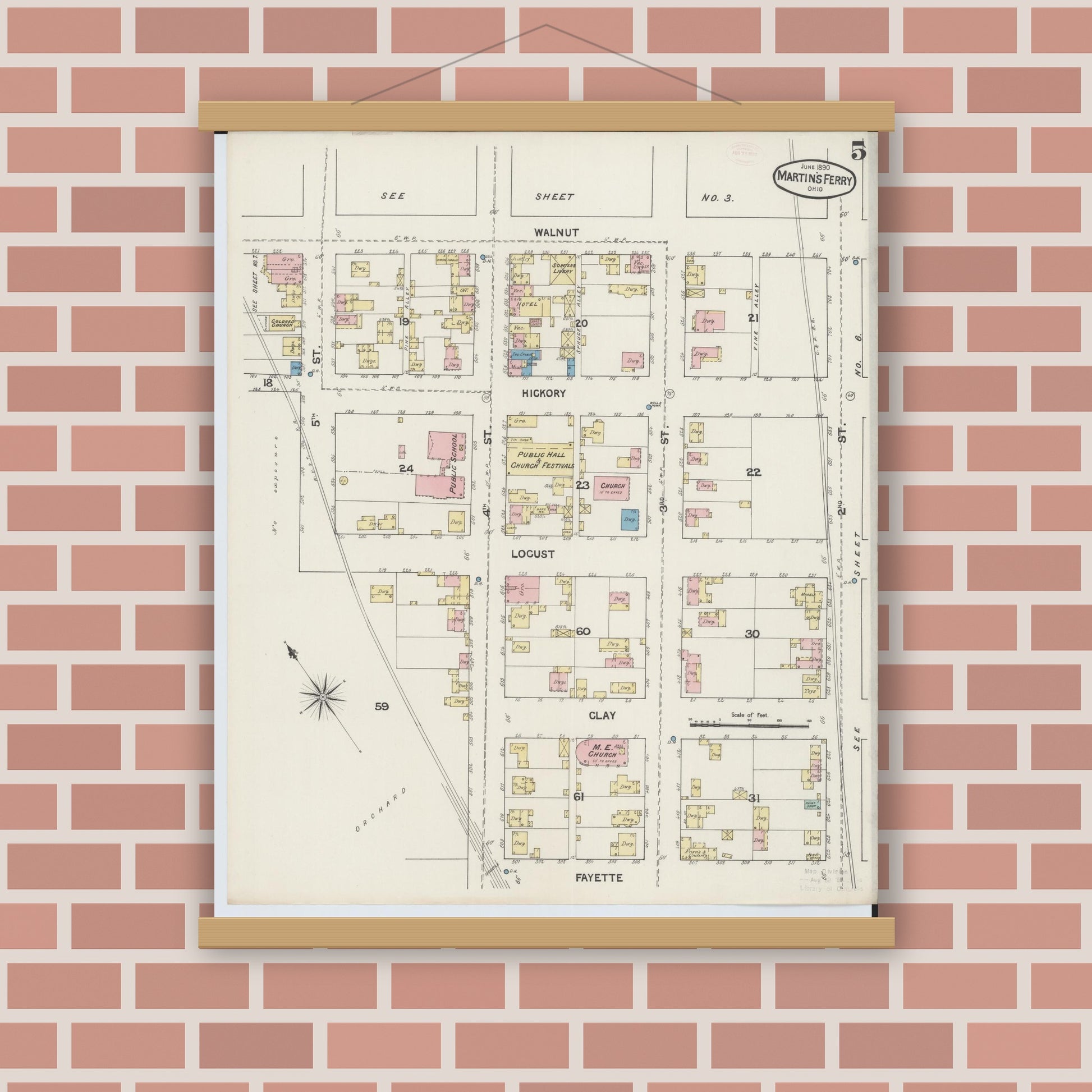 Old map wall art mockup — magnetic wood frame on brick wall — Sanborn Fire Insurance Map from Martins Ferry, Belmont County, Ohio (1890), Sheet #0005