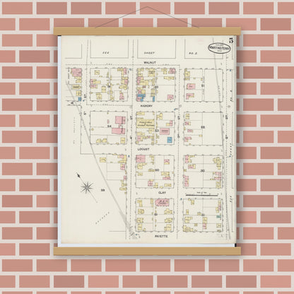 Old map wall art mockup — magnetic wood frame on brick wall — Sanborn Fire Insurance Map from Martins Ferry, Belmont County, Ohio (1890), Sheet #0005