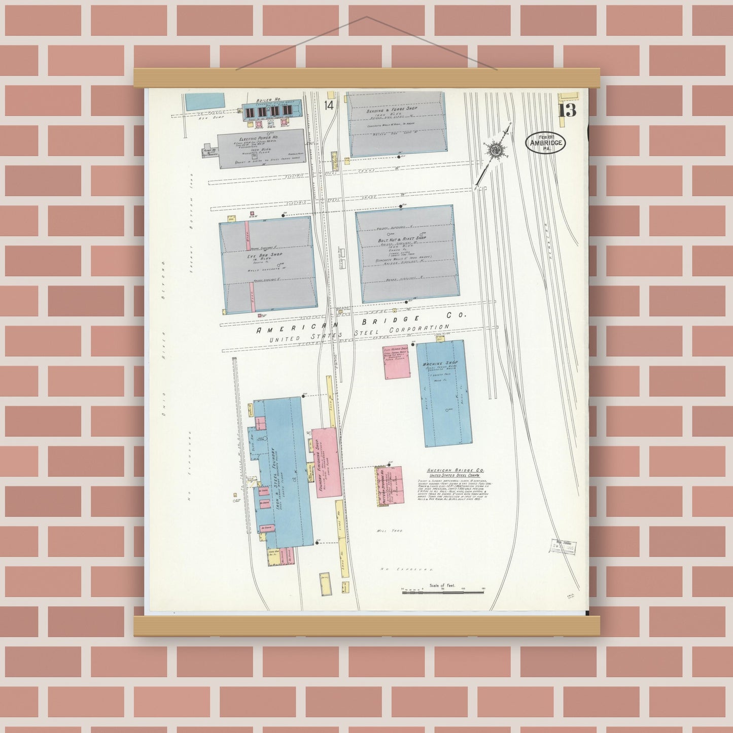 Old map wall art mockup — magnetic wood frame on brick wall — Sanborn Fire Insurance Map from Ambridge, Beaver County, Pennsylvania (1911), Sheet #0013